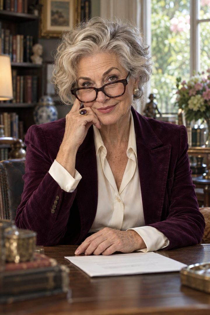 Vivienne Hart, a silver-haired woman in bold dark glasses and a plum velvet jacket, seated at a desk in her study.